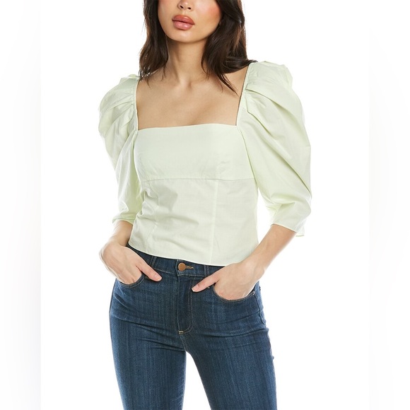 NWOT Vince Draped Square Neck Cotton Top with Puff Sleeves in Honeydew - Picture 5 of 14